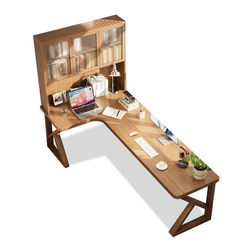 All solid wood L-shaped desk/computer desk-bookcase combo, 72.83" H x 62.99" W x 47.24" D