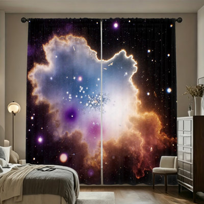 2PCS Black Gold Moon Star Galaxy Nebula Light Filtering Curtains, Outer Space Decor, Easy Hang Rod Pocket, All-Season Window Treatments for Living Room, Bedroom, Dormitory, Study
