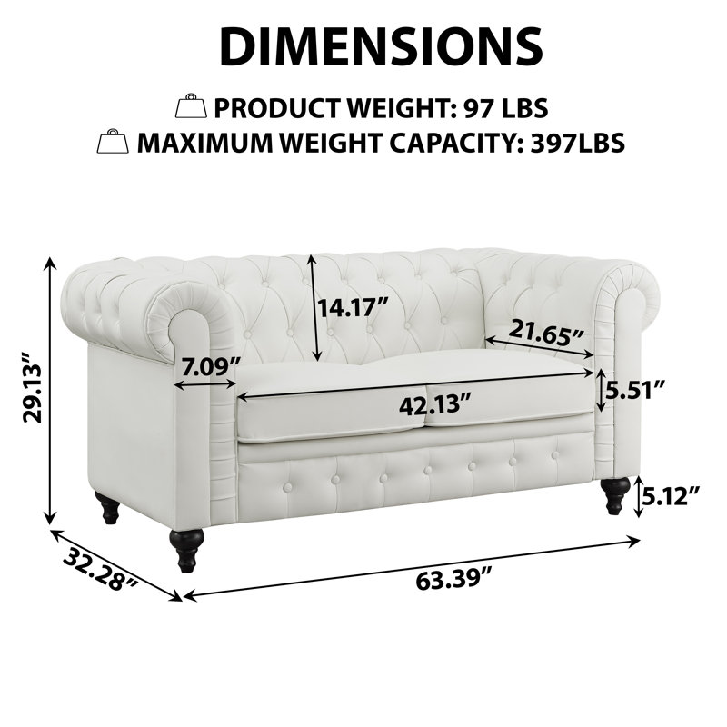 Sanor Modern Leather Chesterfield Loveseat – Button Tufted Sofa Couch with Arms for Living Room, White