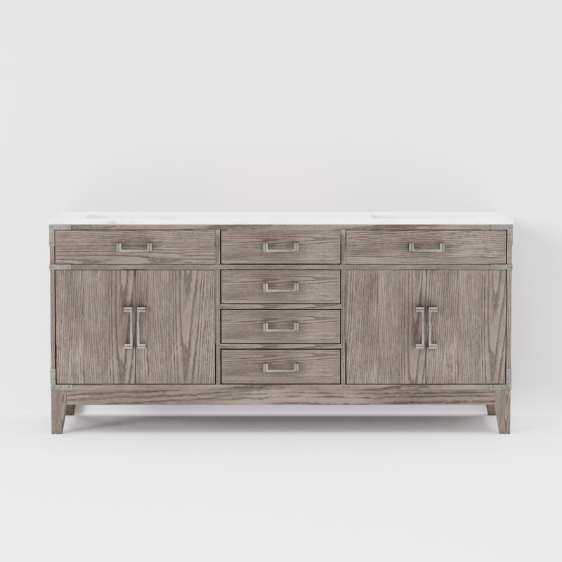 Plateau de meuble-lavabo double l 72 po x P 22 po Laurel, Marbre de Carrare blanc, Chêne gris