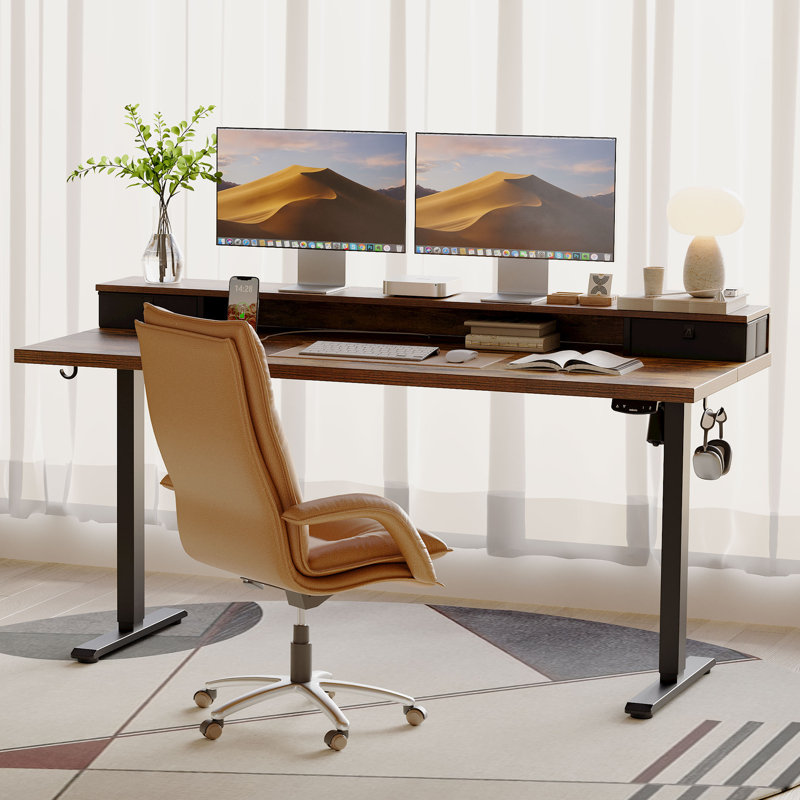 48" Electric Height Adjustable Standing Desk With Drawers,Home Office Desk with Large Monitor Shelf, Rustic Brown/Black