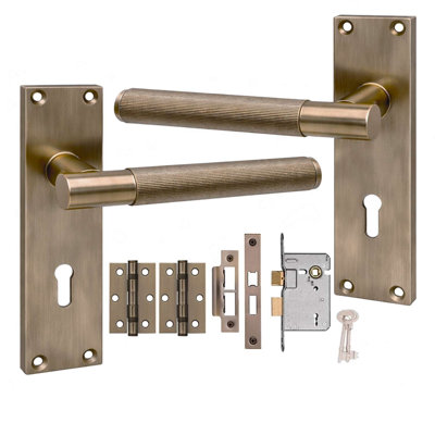 Golden Grace 1 Pair Victorian T-Bar Linear Design Door Handle Antique Brass - Metal Secure and Elegant 3 Lever Lock Set with Hinges - 150mm x 40mm