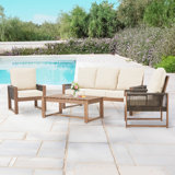 Ensemble de patio 4 pièces en cèdre avec corde et coussins en PE - Ensemble de conversation extérieur toutes saisons