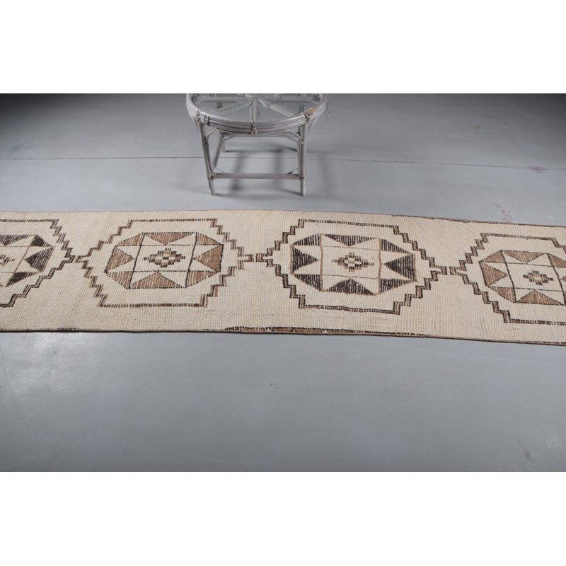 Tapis de couloir turc fabriqué à la main en blanc Herki pour cuisine ou escalier - style rétro, 9227