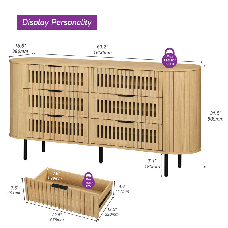 Modern 63" Fluted Tv Stand With 6 Drawers, Mid Centery Wooden Entertainment Center, Curved Edge Chest Of Drawers For Bedroom, Living Room