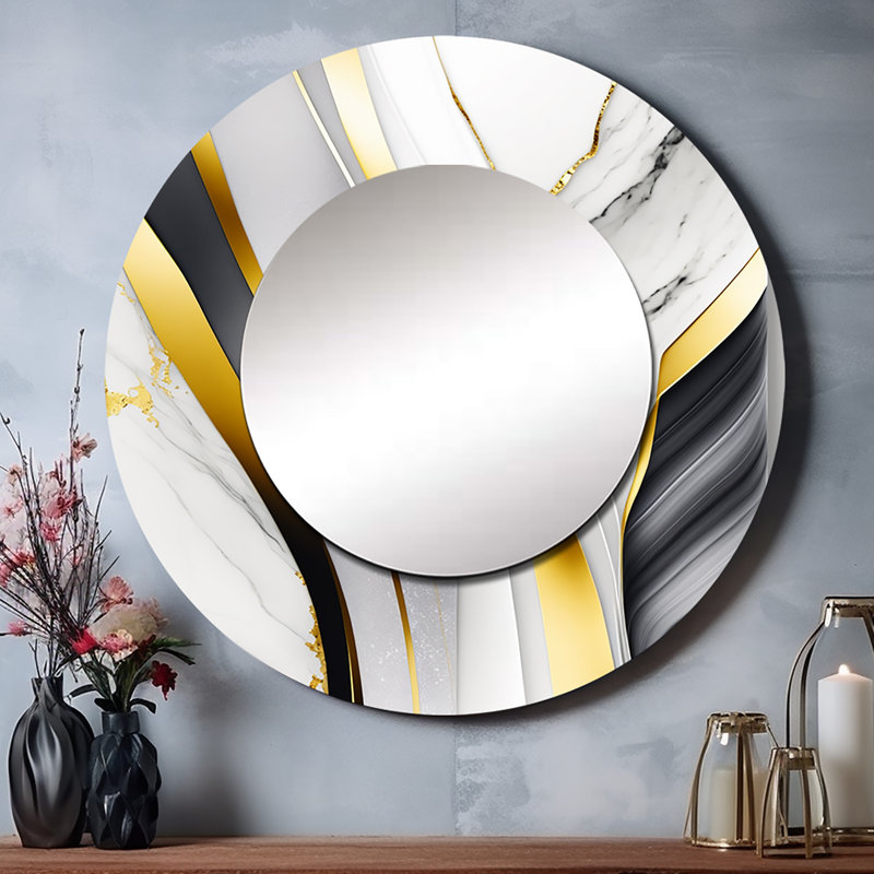 Okyay abstrait Geode Waves Gray II - miroir mural décoratif abstrait, miroir rond gris, impression d'art en métal