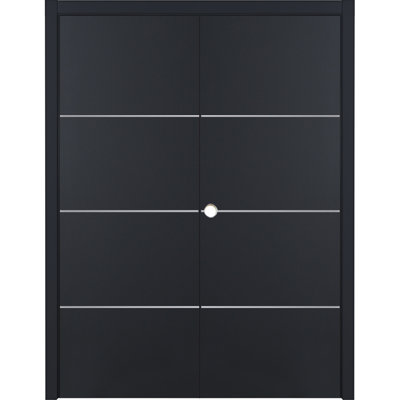 Glam G-Pro 009 Pre-Hung Soft Black Laminated Modern Interior Double Door 72in x 84in Right In-Swing