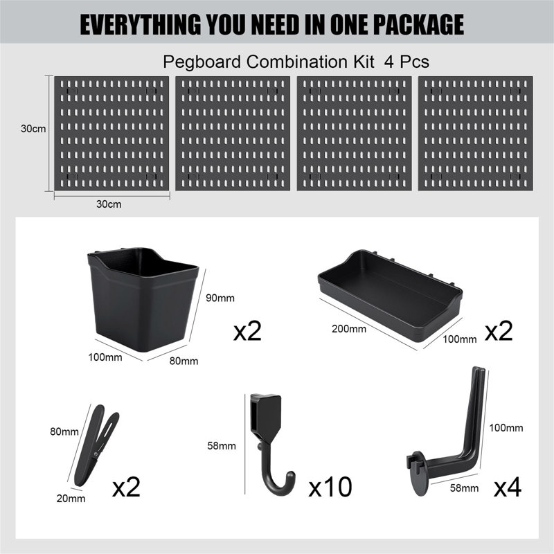 Wall Organiser Pegboard Combination Kit , Black