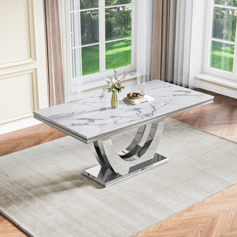 70.08" Luxury Rectangular Dining Table With Mirrored Double U-Base, White, Silver