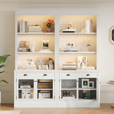83.4"Tall Bookshelf Suite With LED Lighting, Modern Bookcases With Glass Doors And Drawers,2-Piece Set Storage Bookcase Suite With Open Shelves For Living Room,Home Office,White