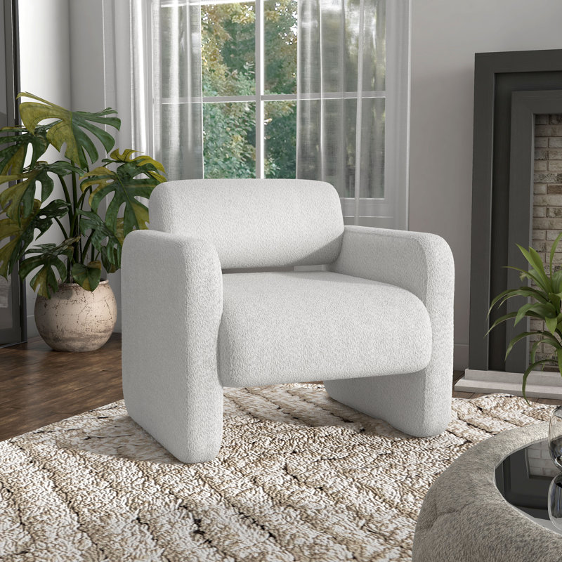 White Boucle Upholstered Barrel Accent Chair with Wood Frame