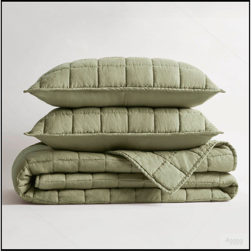 Linen Quilt Set, Olive Green