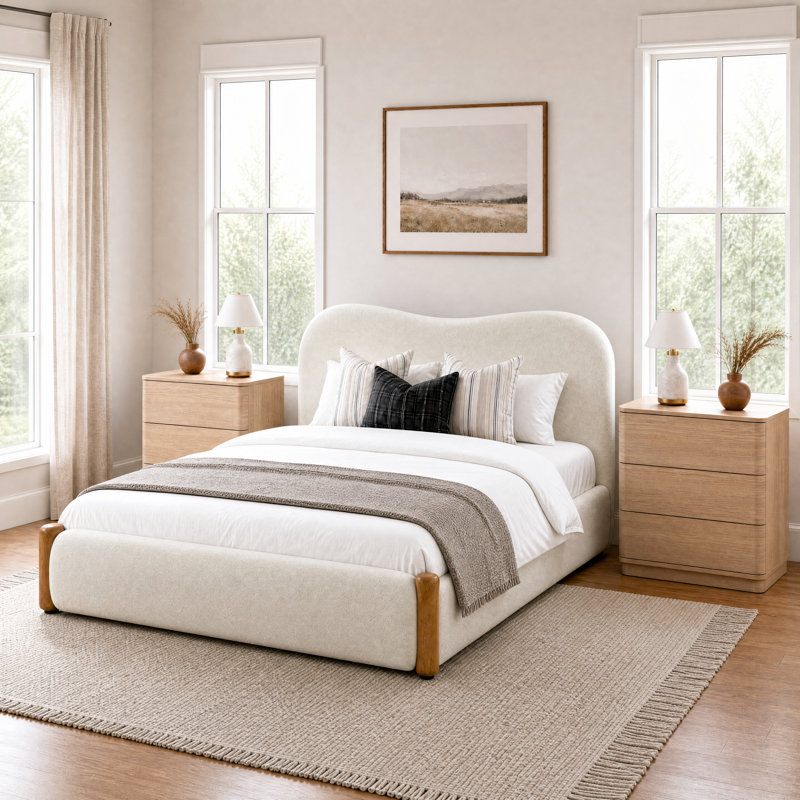 Ensembles de chambre à coucher 3 pièces avec tête de lit incurvée artistique, Blanc / Chêne clair, Très grand lit
