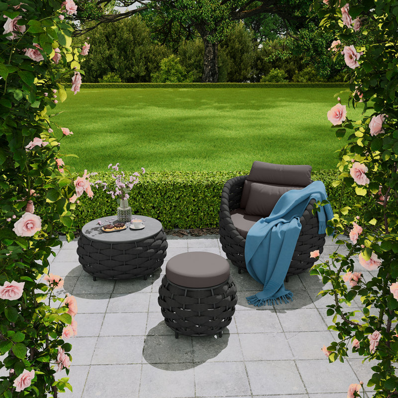  Altuminum Frame 1 - Person PVC-coated polyester Rope Outdoor Lounge Chair and Ottoman With Coffee Table