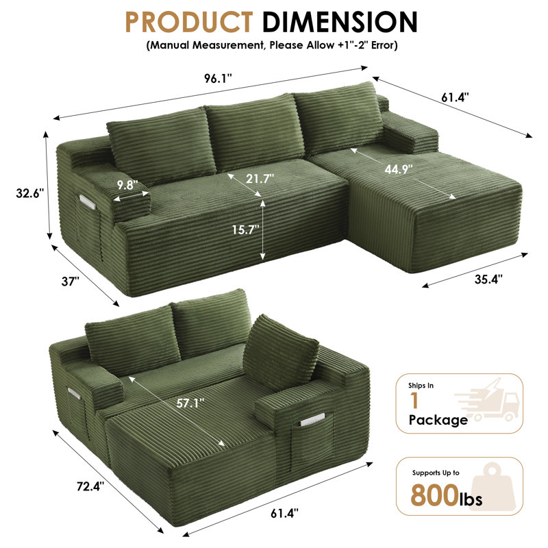 Canapé modulaire en forme de L de 96 po pour canapé modulaire Boneless, Face à la droite, Velours côtelé vert