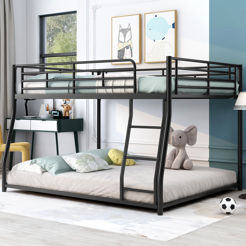 Metal Floor Bunk Bed, Full XL Over Queen, Black, Full XL Over Queen