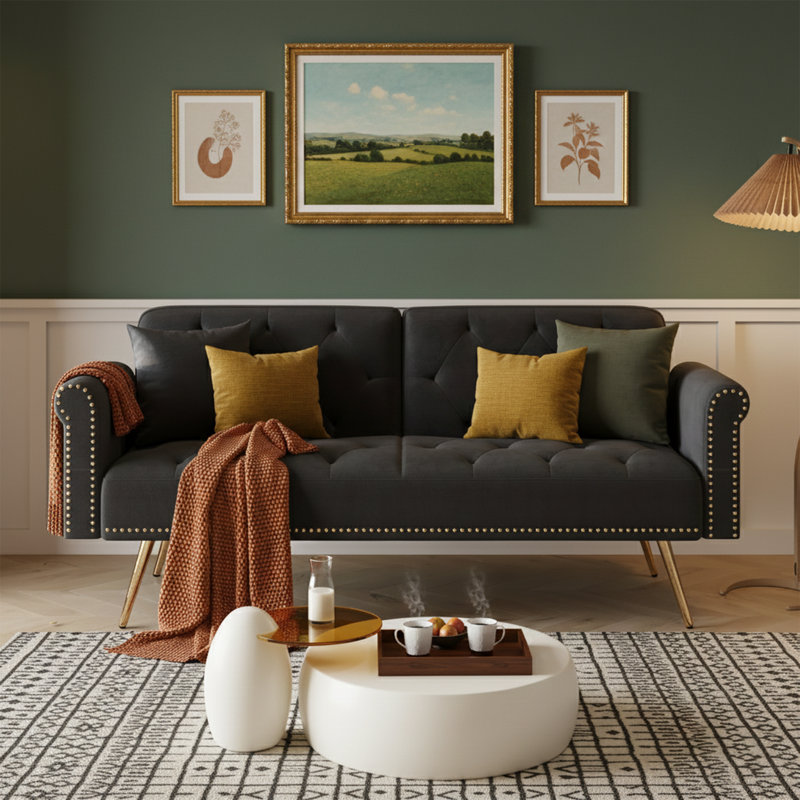 Canapé-lit en velours l 69,7 po avec garniture cloutée et coussin assorti, Noir