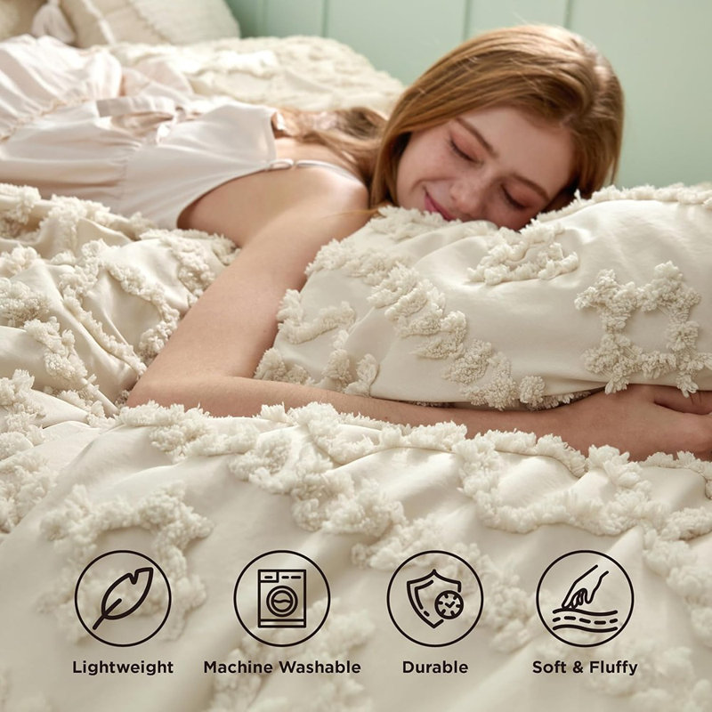 Ensemble d'édredon touffeté Boho, literie toutes saisons en jacquard beige