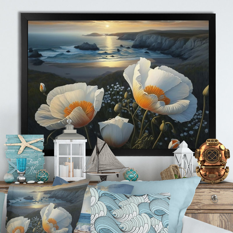 «White Flowers by the Coast III», reproduction sur toile, L 40 po x H 30 po, Impression noire sur toile encadrée