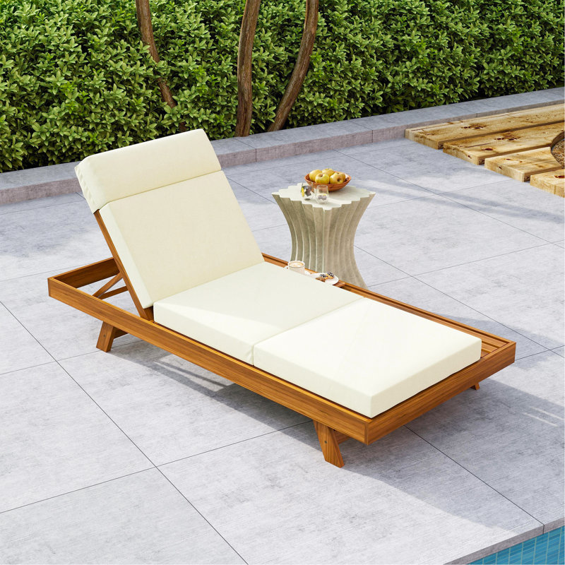 Lounge Chaise Set With Headrest, Space Available On One Side,Acacia Wood With Water-Resistant Lounge Cushions (Beige & 3-Fold & 4 Inch) - Matching Version Available