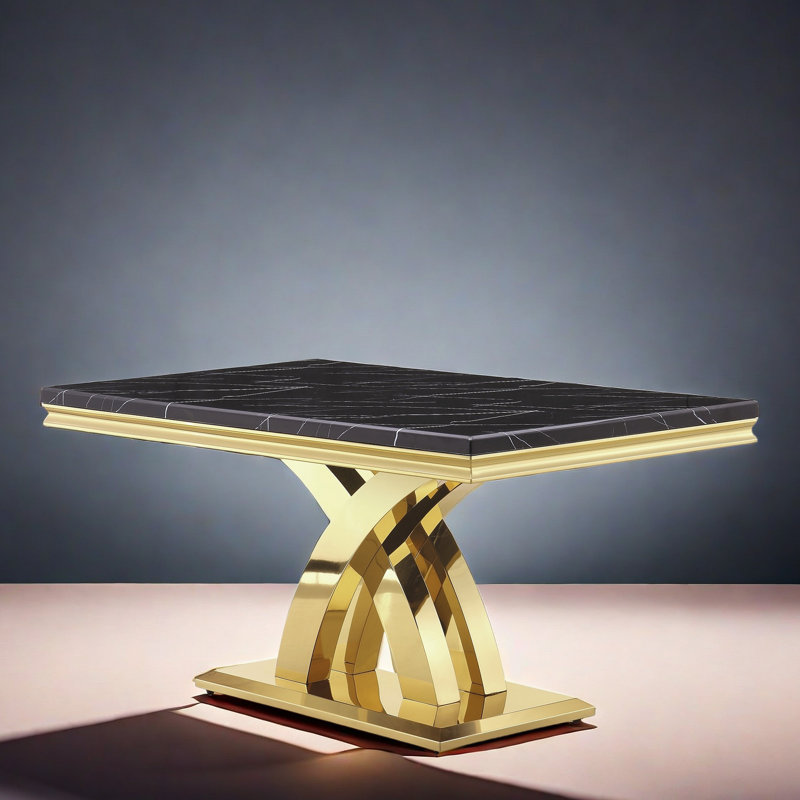 Collina Faux Marble Top Metal Base Dining Table, Black/Gold