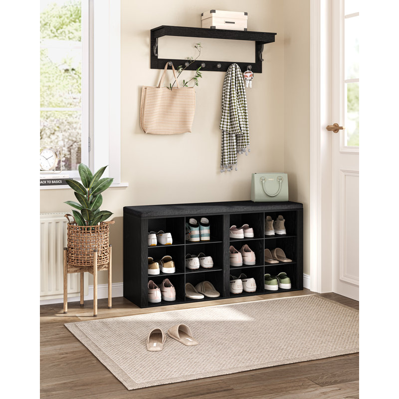 Shoe Storage Bench with Padded Seat, Shoe Rack Bench with 12 Open Compartments, Adjustable Shelves, Shoes Cabinet with Cushion for Hallway, Living Room, Bedroom, Entryway 