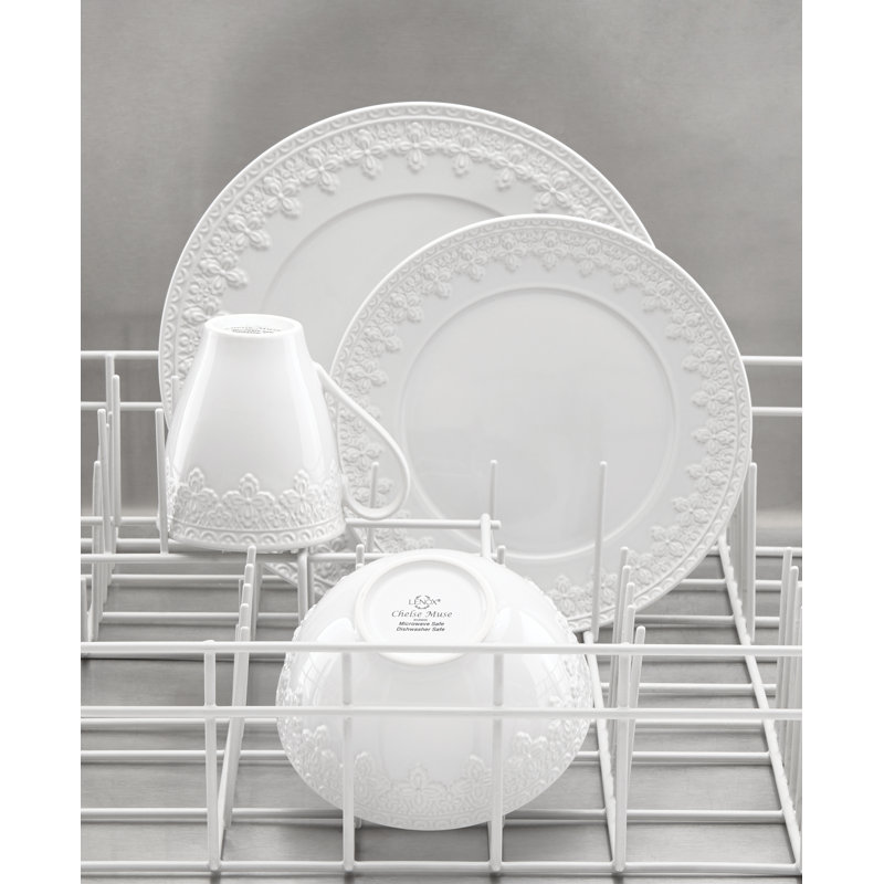 White Ceramic 12-Piece Dinnerware Set with Variegated Glaze
