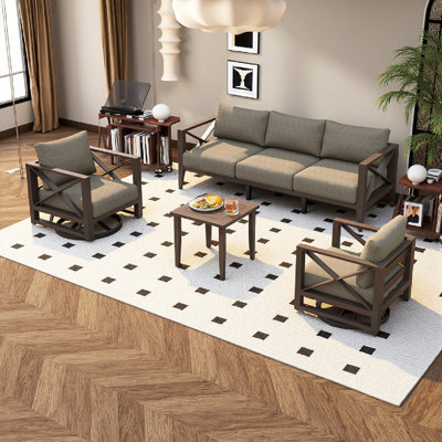 Modern 4-Piece Outdoor Aluminum Patio Conversation Set with 2 Swivel Glider Chairs, Sofa, and Coffee Table, Brown