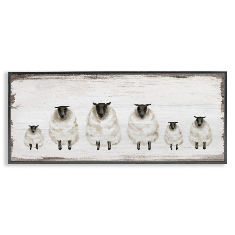 Fluffy Farm Sheep Herd, animaux de campagne rustiques, H 10 po x l 24 po, Giclée encadrée noir minuit