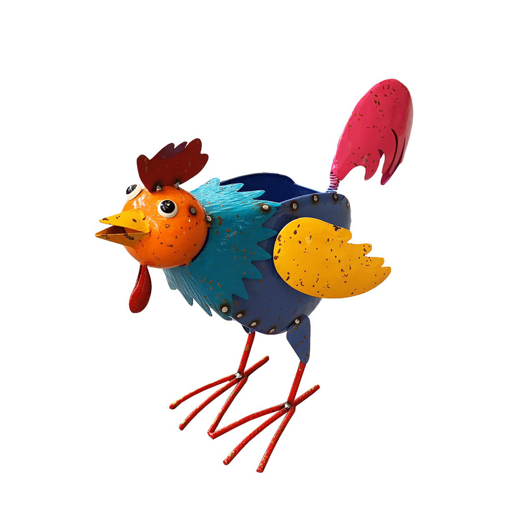 Colorful Rooster Metal Statue Planter Pot Animals Gracie Oaks 