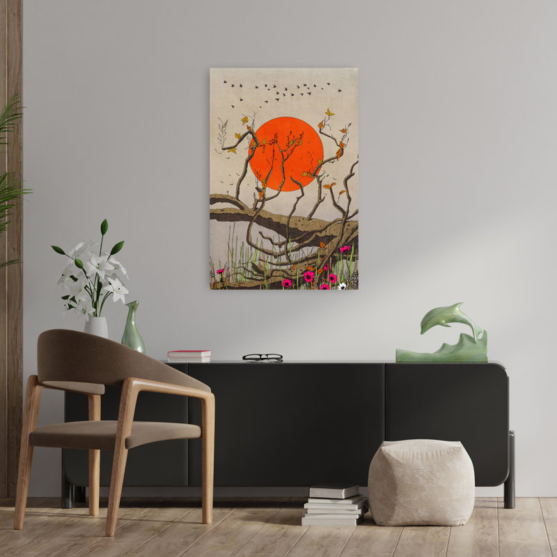 Contemporary Art Organic Peaceful Retro Bird Autumn Landscape Wall Art 1 Piece Wrapped Canvas Wall Art, 91.44cm H x 60.96cm W
