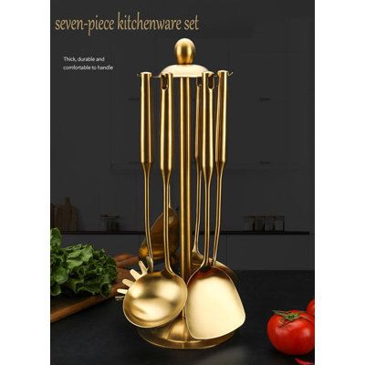7-Piece Stainless Steel Cooking Utensils Set With Rotating Holder - Professional Grade Gold Kitchen Tools Including Spatula, Ladle, Pasta Server & Ess