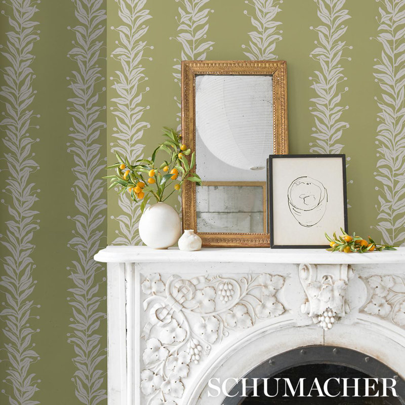 Schumacher x Marian Mcevoy Tendril Stripe Wallpaper, Olive