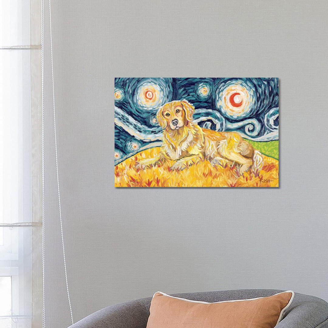 Golden Retriever On A Starry Night von Gretchen Kish Serrano - Galerie-verpackte Leinwand Giclée auf Leinwand