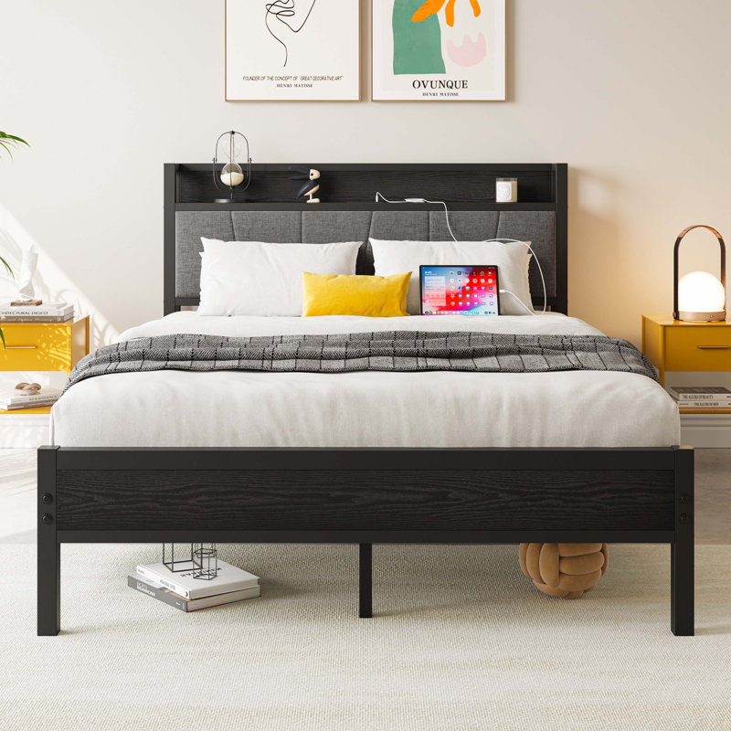 Full Size Bed with Storage Headboard and Charging Station