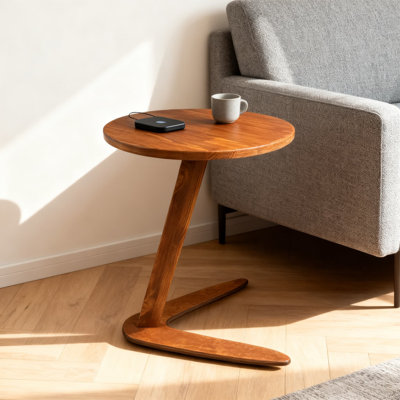 C-Shaped End Table Handcrafted From Solid Wood, Space-Saving Side Table For Sofa And Couch, Modern TV Tray Table For Living Room And Small Spaces