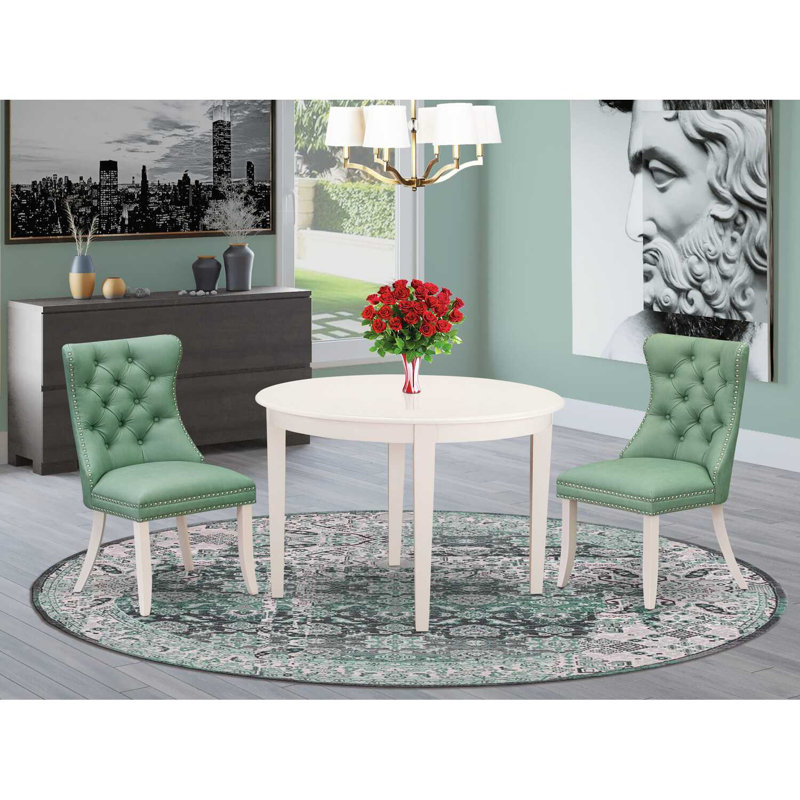 3-Piece Linen White Finish Round Solid Wood Top Dining Table Set, Green