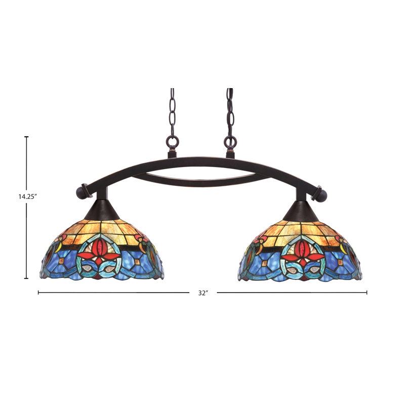 Luminaire pour îlot 2 lumières Bow avec verre d'art 12 ", Beige / bleu / orange, Bronze huilé