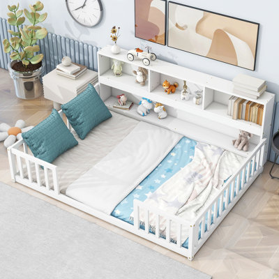 Full Floor Bed With Side Bookcase,Shelves