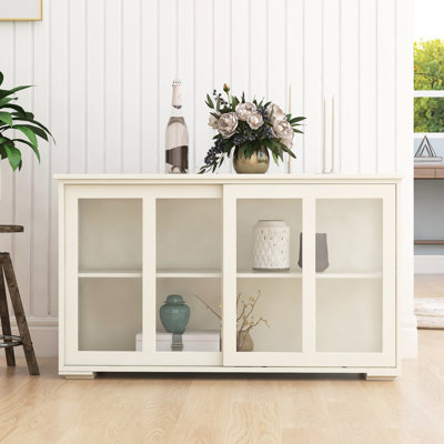 Armoire de cuisine - blanc avec porte vitrée. Fabriqué en classe E1 pour une utilisation durable. 2 portes coulissantes et tablette réglable avec rangement polyvalent. Surface peinte. Support antidérapant