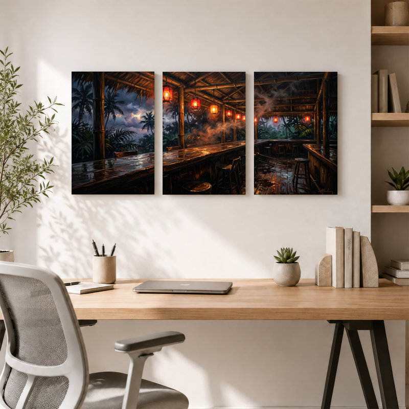Ensemble d'art sur toile Tiki Bar avec lanternes rouges et palmiers, 24"H x 16"W x 3pcs