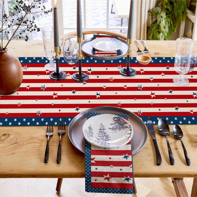 Chemin de table 4ème jour rouge rayures bleues étoiles chemin de table fête de l'Independence drapeau américain coton lin commode écharpe de cuisine décor de table à manger pour le 4 juillet fête des Fêtes 13 X 108 pouces