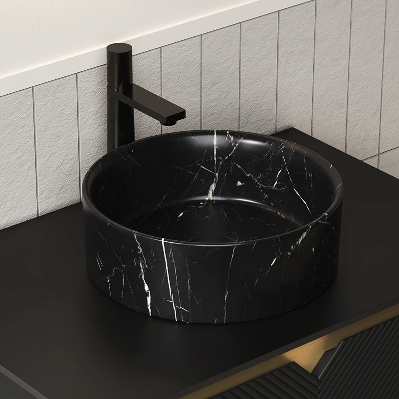 14'' Bathroom Round Ceramic Sink, Stone Pattern, Matte Black, And Atmospheric, Stain - , Classic Design, 4.86 In Height, 14.4 Depth Sink Ceramic, Basin With Hazy Gray Veined Textures, Easy