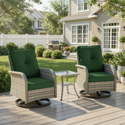 Ensemble de conversation pour patio 2 personnes avec chaises berçantes pivotantes et table en verre trempé