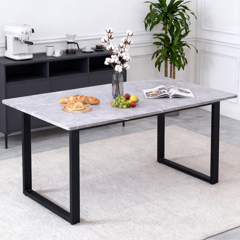 1.5m 6-Seater Scandinavian Grey Marble Look Dining Table – Warm & Cool Options, Angular U-Shape Metal Legs, Cool Grey