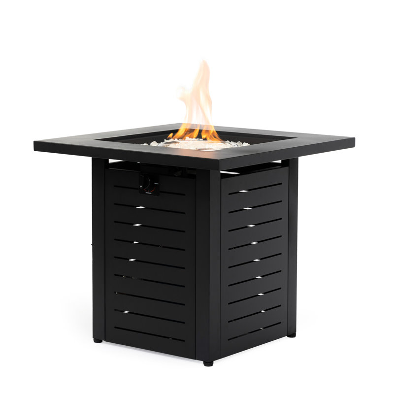 Foyer au propane carré en acier de 28 pouces, 50000, approuvé, extérieur pour terrasse, avec perles de verre et table de protection 28 pouces, cadre, brûleur en acier inoxydable, allumeur électronique, vent