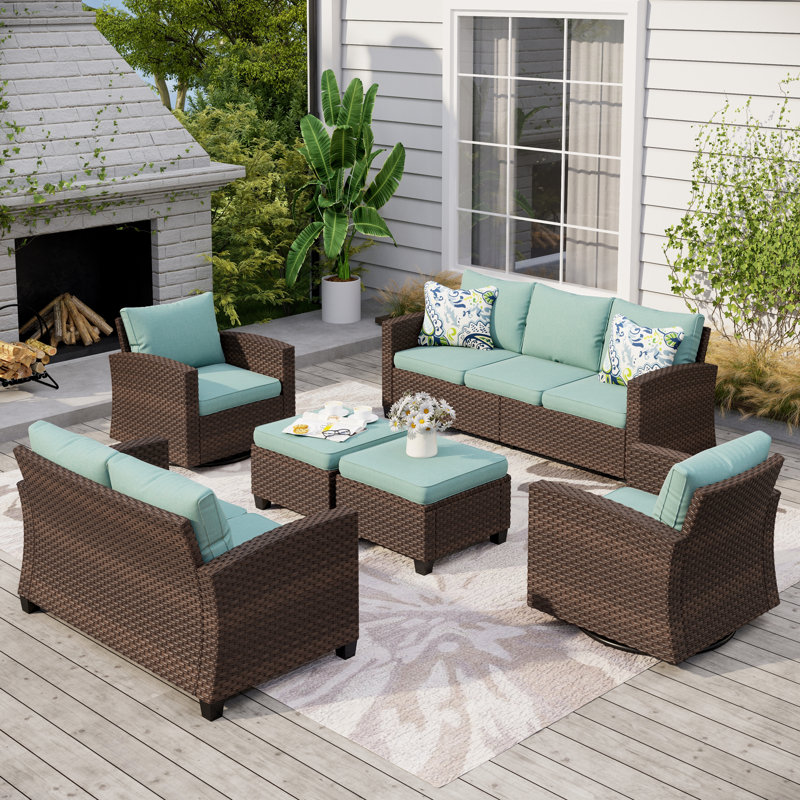 Ensemble de conversation d'extérieur en osier pour 9 personnes avec chaises pivotantes, Bleu