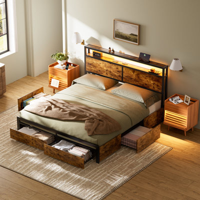 Ensemble de chambre à coucher 3 pièces, lit plateforme avec 4 tiroirs de rangement et charge USB, 2 tables de chevet avec lumières DEL