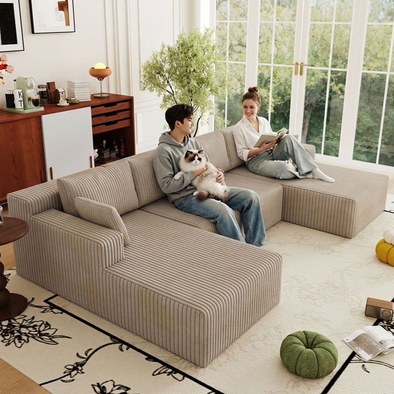 124" Corduroy U-Shaped Sectional Sofa, Modern Modular Boneless 4-Seater Couch with 6 Pillows, Upholstered Deep Seat DIY Cloud Sofa for Living Room, No Assembly Required