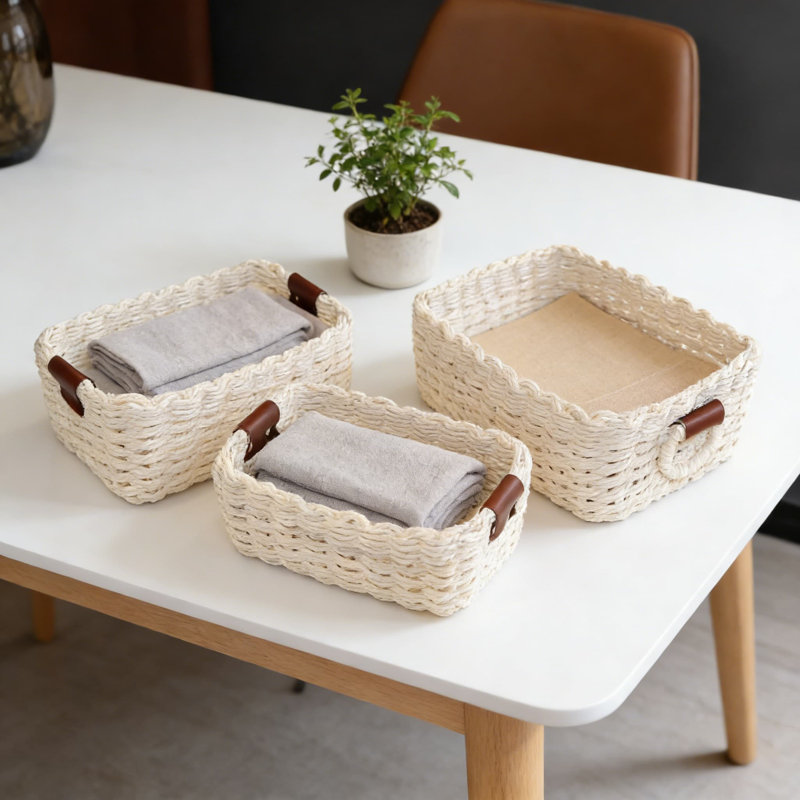 Handwoven Storage Baskets Set Of 3, Eco-Friendly Recycled Paper Rope Organizer Bins With Vegan Leather Trim For Shelves, Bathroom, Desk, And Home Decor